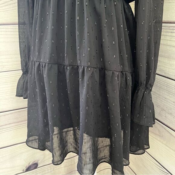 The Impeccable Pig Black Metallic Dot Surplus Deep V Neck Long Sleeve Dress - Picture 3 of 9